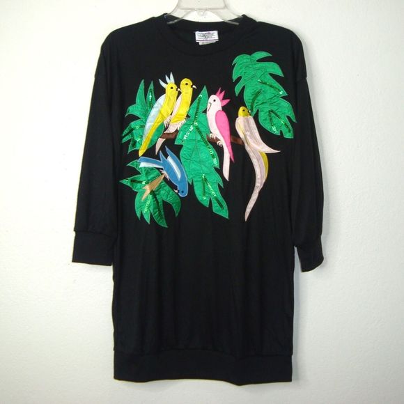 Bridge Gate Tropical Birds Sequins Applique 3/4 Sleeve Tunic Top* Size L - Picture 1 of 7